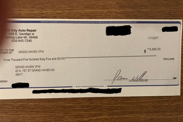 Vet Donation Check Image | Tri City Auto Repair